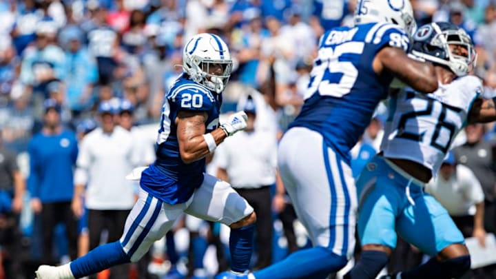 NASHVILLE, TN - SEPTEMBER 15: Jordan Wilkins #20 of the Indianapolis Colts runs the ball during a game against the Tennessee Titans at Nissan Stadium on September 15, 2019 in Nashville,Tennessee. The Colts defeated the Titans 19-17. (Photo by Wesley Hitt/Getty Images)