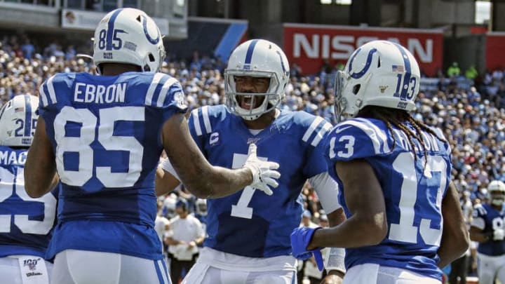 NASHVILLE, TENNESSEE - SEPTEMBER 15: Quarterback Jacoby Brissett #7 of the Indianapolis Colts celebrates with teammate Eric Ebron #85 on a touchdown against the Tennessee Titans during the first half at Nissan Stadium on September 15, 2019 in Nashville, Tennessee. (Photo by Frederick Breedon/Getty Images)