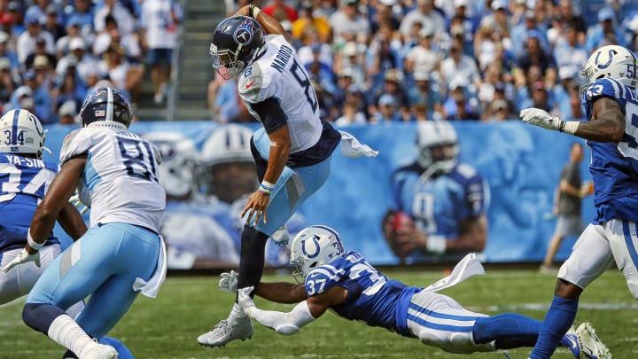 NASHVILLE, TENNESSEE – SEPTEMBER 15: Khari Willis #37 of the Indianapolis Colts trips up quarterback Marcus Mariota #8 of the Tennessee Titans during the second half at Nissan Stadium on September 15, 2019 in Nashville, Tennessee. (Photo by Frederick Breedon/Getty Images)