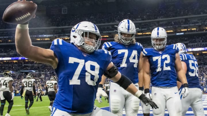 INDIANAPOLIS, IN - NOVEMBER 17: Ryan Kelly #78 of the Indianapolis Colts spikes the ball after an Indianapolis Colts touchdown in the third quarter of the game against the Jacksonville Jaguars at Lucas Oil Stadium on November 17, 2019 in Indianapolis, Indiana. (Photo by Bobby Ellis/Getty Images) INDIANAPOLIS, IN - NOVEMBER 17: Ryan Kelly #78 of the Indianapolis Colts spikes the ball after an Indianapolis Colts touchdown in the third quarter of the game against the Jacksonville Jaguars at Lucas Oil Stadium on November 17, 2019 in Indianapolis, Indiana. (Photo by Bobby Ellis/Getty Images)