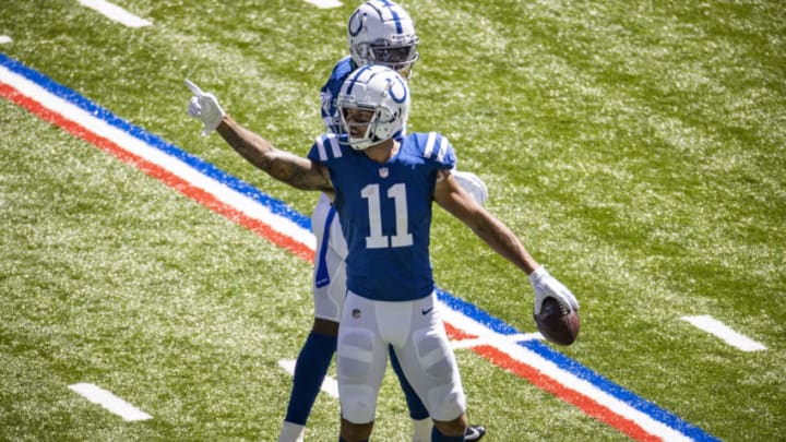 Michael Pittman #11 of the Indianapolis Colts points downfield after a catch for a first down during the second quarter against the Minnesota Vikings at Lucas Oil Stadium on September 20, 2020 in Indianapolis, Indiana. (Photo by Bobby Ellis/Getty Images)