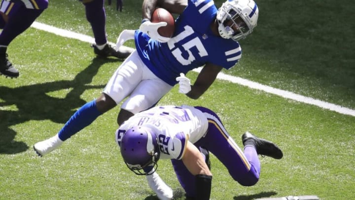 INDIANAPOLIS, INDIANA - SEPTEMBER 20: Parris Campbell #15 of the Indianapolis Colts is tackled by Harrison Smith #22 of the Minnesota Vikings at Lucas Oil Stadium on September 20, 2020 in Indianapolis, Indiana. (Photo by Andy Lyons/Getty Images)