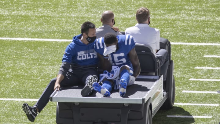 Parris Campbell of the Indianapolis Colts is carted off the field after a knee injury against the Minnesota Vikings. (Photo by Michael Hickey/Getty Images)