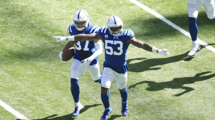 INDIANAPOLIS, INDIANA - SEPTEMBER 20: Khari Willis #37 of the Indianapolis Colts celebrates with Darius Leonard #53 after intercepting a pass against the Minnesota Vikings at Lucas Oil Stadium on September 20, 2020 in Indianapolis, Indiana. (Photo by Andy Lyons/Getty Images)
