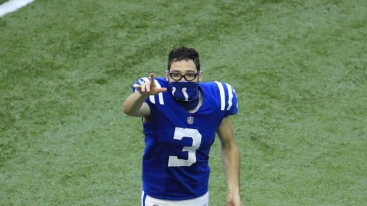 INDIANAPOLIS, INDIANA - SEPTEMBER 20: Rodrigo Blankenship #3 of the Indianapolis Colts waves to the crowd after the game against the Minnesota Vikings at Lucas Oil Stadium on September 20, 2020 in Indianapolis, Indiana. (Photo by Andy Lyons/Getty Images)