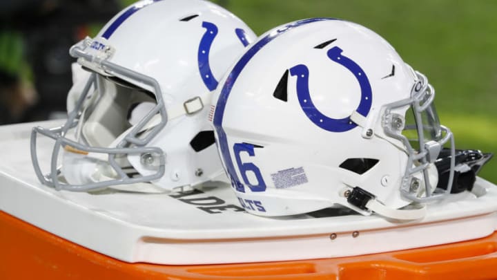 NASHVILLE, TENNESSEE - NOVEMBER 12: A helmet of the Indianapolis Colts rests on the sideline during a game against the Tennessee Titans at Nissan Stadium on November 12, 2020 in Nashville, Tennessee. (Photo by Frederick Breedon/Getty Images)