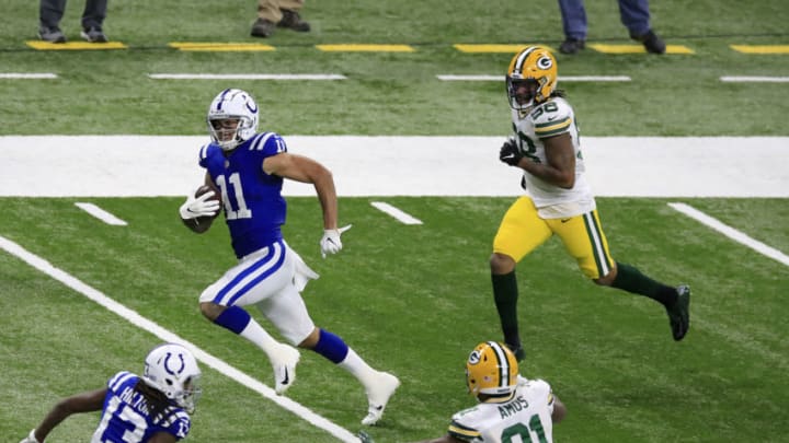 INDIANAPOLIS, INDIANA - NOVEMBER 22: Michael Pittman #11 of the Indianapolis Colts makes a reception during the first quarter against the Green Bay Packers in the game at Lucas Oil Stadium on November 22, 2020 in Indianapolis, Indiana. (Photo by Andy Lyons/Getty Images)
