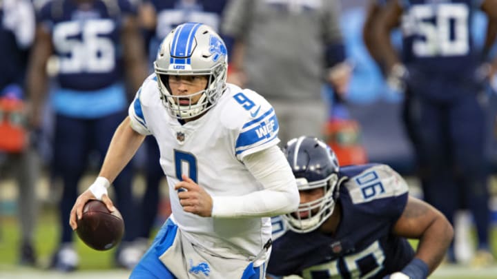 NASHVILLE, TENNESSEE - Quarterback Matthew Stafford #9 of the Detroit Lions runs with the ball during a game against the Tennessee Titans at Nissan Stadium on December 20, 2020 in Nashville, Tennessee. The Titans defeated the Lions 46-25. (Photo by Wesley Hitt/Getty Images)