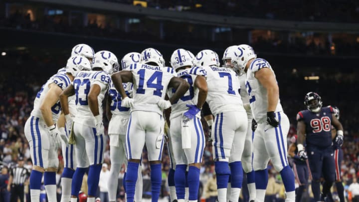 HOUSTON, TX - NOVEMBER 21: The Indianapolis Colts huddle near the goal line (Photo by Tim Warner/Getty Images)