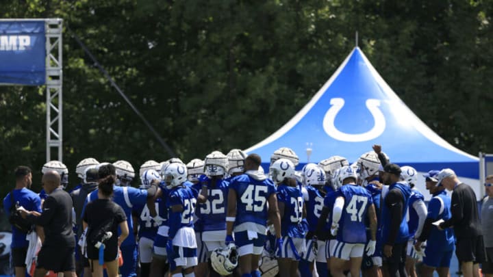 WESTFIELD, INDIANA - JULY 28: The Indianapolis Colts defense huddles up during training camp on July 28, 2022 at Grand Park Sports Campus in Westfield, Indiana. (Photo by Justin Casterline/Getty Images)