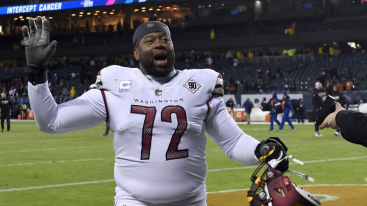 CHICAGO, ILLINOIS - OCTOBER 13: Charles Leno Jr. #72 of the Washington Commanders reacts after beating the Chicago Bears 12-7 at Soldier Field on October 13, 2022 in Chicago, Illinois. (Photo by Quinn Harris/Getty Images)