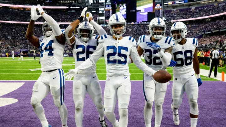 MINNEAPOLIS, MINNESOTA - DECEMBER 17: Rodney Thomas II #25 of the Indianapolis Colts celebrates with teammates after an interception against the Minnesota Vikings during the fourth quarter of the game at U.S. Bank Stadium on December 17, 2022 in Minneapolis, Minnesota. (Photo by Stephen Maturen/Getty Images)