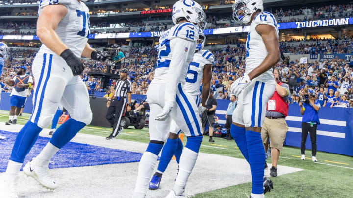 Indianapolis Colts wide receiver Mike Strachan (17) celebrates his touchdown against the Detroit Lions. Mandatory Credit: Trevor Ruszkowski-USA TODAY Sports
