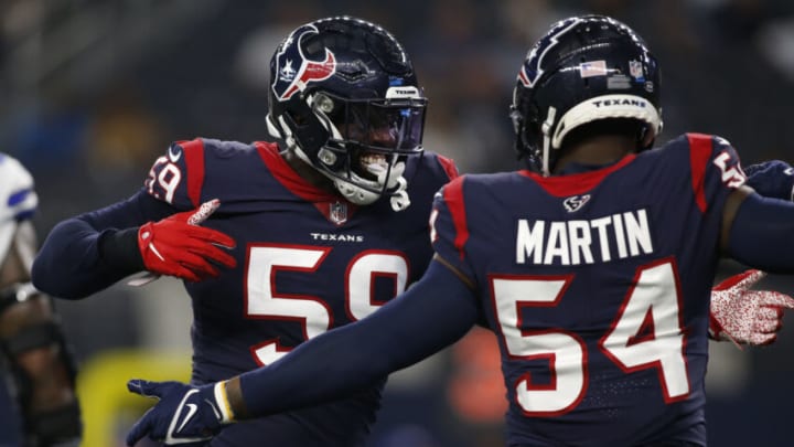 Aug 21, 2021; Arlington, Texas, USA; Houston Texans outside linebacker Whitney Mercilus (59) and linebacker Jake Martin (54). Mandatory Credit: Tim Heitman-USA TODAY Sports