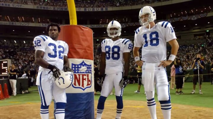 Indianapolis Colts Peyton Manning,right, Marvin Harrison, and Edgerrin James, left, wait to be introduced before their pre-season football game against the Atlanta Falcons Saturday night at the Tokyo Dome in Tokyo on Aug 6, 2005.06 Colts07 116207 Jpg