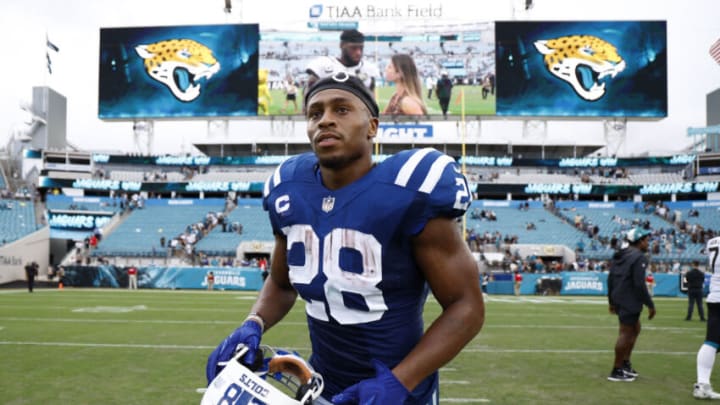 Sep 18, 2022; Jacksonville, Florida, USA; Indianapolis Colts running back Jonathan Taylor (28) runs off the field after the Indianapolis Colts are defeated by the Jacksonville Jaguars at TIAA Bank Field. Mandatory Credit: Douglas DeFelice-USA TODAY Sports