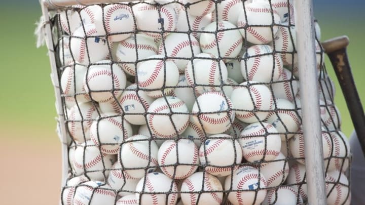 Feb 24, 2015; Dunedin, FL, USA; A general view of baseballs during the Toronto Blue Jays morning workouts at Bobby Mattick Training Center. Mandatory Credit: Tommy Gilligan-USA TODAY Sports