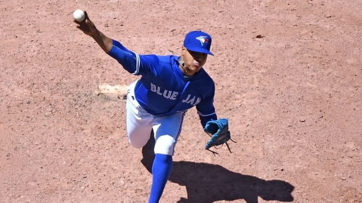 Jun 14, 2016; Toronto, Ontario, CAN; Toronto Blue Jays pitcher Marcus Stroman (6) delivers a pitch against Philadelphia Phillies at Rogers Centre. Mandatory Credit: Dan Hamilton-USA TODAY Sports