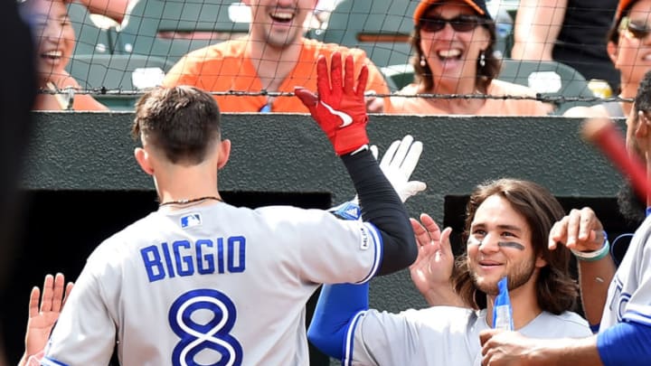 BALTIMORE, MD - AUGUST 04: Cavan Biggio #8 of the Toronto Blue Jays celebrates with Bo Bichette #11 after hitting a home run in the seventh inning against the Baltimore Orioles at Oriole Park at Camden Yards on August 4, 2019 in Baltimore, Maryland. (Photo by Greg Fiume/Getty Images)