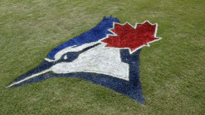 DUNEDIN, FL - FEBRUARY 24: General view of the Toronto Blue Jays logo painted in the grass prior to a Grapefruit League spring training game against the Atlanta Braves at TD Ballpark on February 24, 2020 in Dunedin, Florida. (Photo by Joe Robbins/Getty Images)