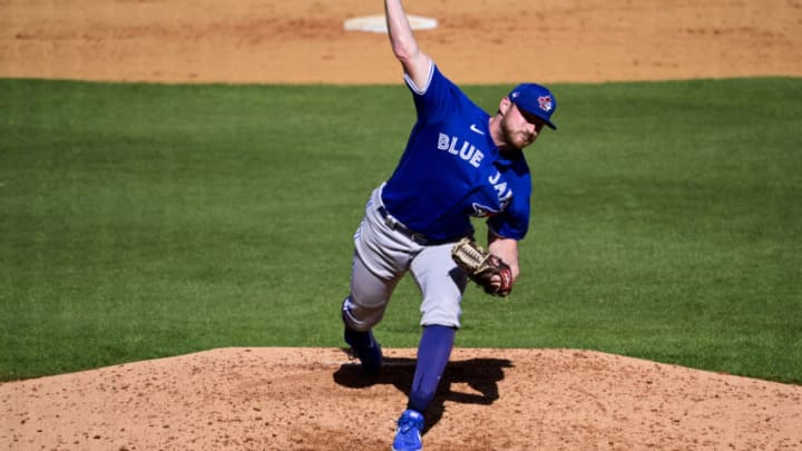 TAMPA, FLORIDA - FEBRUARY 28: Bryan Baker #79 of the Toronto Blue Jays throws a pitch during the seventh inning against the New York Yankees during a spring training game at George M. Steinbrenner Field on February 28, 2021 in Tampa, Florida. (Photo by Douglas P. DeFelice/Getty Images)