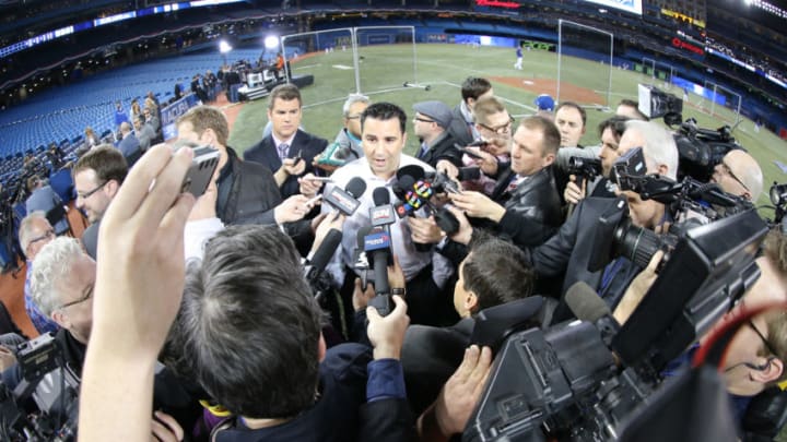 TORONTO, CANADA - APRIL 4: General manager Alex Anthopoulos of the Toronto Blue Jays talks to media befoe MLB game action against the New York Yankees on April 4, 2014 at Rogers Centre in Toronto, Ontario, Canada. (Photo by Tom Szczerbowski/Getty Images)