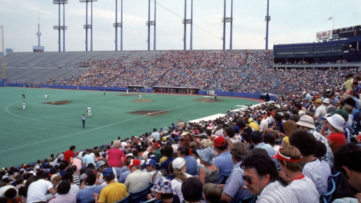 TORONTO - 1980: Left field view of Exhibition Stadium with the Blue Jays on field circa 1980 in Toronto, Canada. (Photo by John Reid/MLB Photos via Getty Images)