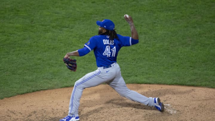 PHILADELPHIA, PA - SEPTEMBER 18: Rafael Dolis #41 of the Toronto Blue Jays throws a pitch in the bottom of the sixth inning against the Philadelphia Phillies during Game Two of the doubleheader at Citizens Bank Park on September 18, 2020 in Philadelphia, Pennsylvania. The Phillies defeated the Blue Jays 8-7. (Photo by Mitchell Leff/Getty Images)