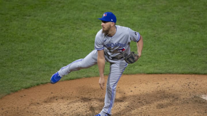 PHILADELPHIA, PA - SEPTEMBER 19: A.J. Cole #36 of the Toronto Blue Jays throws a pitch in the bottom of the eighth inning against the Philadelphia Phillies at Citizens Bank Park on September 19, 2020 in Philadelphia, Pennsylvania. The Phillies defeated the Blue Jays 3-1. (Photo by Mitchell Leff/Getty Images)