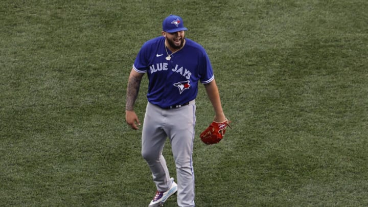 BOSTON, MA - JULY 23: Pitcher Alek Manoah #6 of the Toronto Blue Jays shouts at the Boston Red Sox dugout after striking out Bobby Dalbec #29 of the Boston Red Sox to end the fifth inning at Fenway Park on July 23, 2022 in Boston, Massachusetts. (Photo By Winslow Townson/Getty Images)