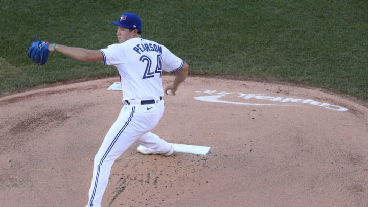 WASHINGTON, DC - JULY 29: Starting pitcher Nate Pearson #24 of the Toronto Blue Jays works the first inning against the Washington Nationals at Nationals Park on July 29, 2020 in Washington, DC. The Blue Jays are hosting the Nationals for their 2020 home opener at Nationals Park due to the Covid-19 pandemic. The Blue Jays played as the home team due to their stadium situation and the Canadian government’s policy on COVID-19. They will play a majority of their home games at Sahlen Field in Buffalo, New York. (Photo by Patrick Smith/Getty Images)