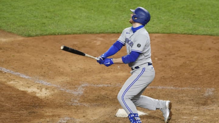 NEW YORK, NEW YORK - SEPTEMBER 16: Danny Jansen #9 of the Toronto Blue Jays watches the ball during the eighth inning against the New York Yankees at Yankee Stadium on September 16, 2020 in the Bronx borough of New York City. (Photo by Sarah Stier/Getty Images)