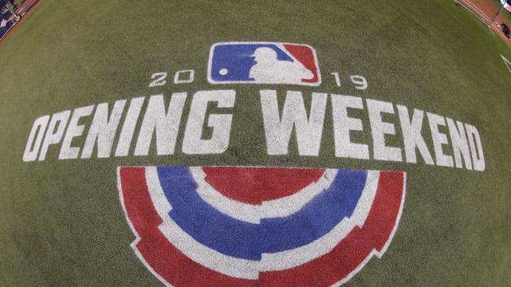 TORONTO, ON - MARCH 28: A decal on the turf marks the Opening Day weekend of the 2019 MLB season before the start of the game between the Toronto Blue Jays and the Detroit Tigers at Rogers Centre on March 28, 2019 in Toronto, Canada. (Photo by Tom Szczerbowski/Getty Images)