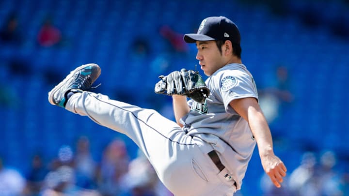 Aug 18, 2019; Toronto, Ontario, CAN; Seattle Mariners starting pitcher Yusei Kikuchi (18) looks on against the Toronto Blue Jays at Rogers Centre. Mandatory Credit: Kevin Sousa-USA TODAY Sports