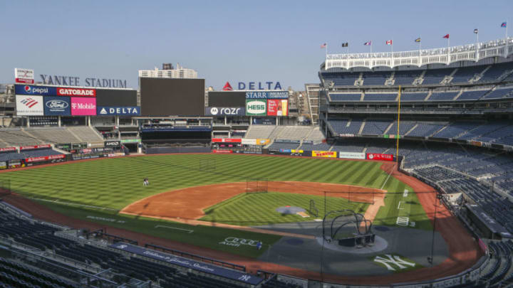May 26, 2021; Bronx, New York, USA; A view from the press box prior to the game being canceled because of inclement weather between the Toronto Blue Jays and the New York Yankees at Yankee Stadium. Mandatory Credit: Wendell Cruz-USA TODAY Sports