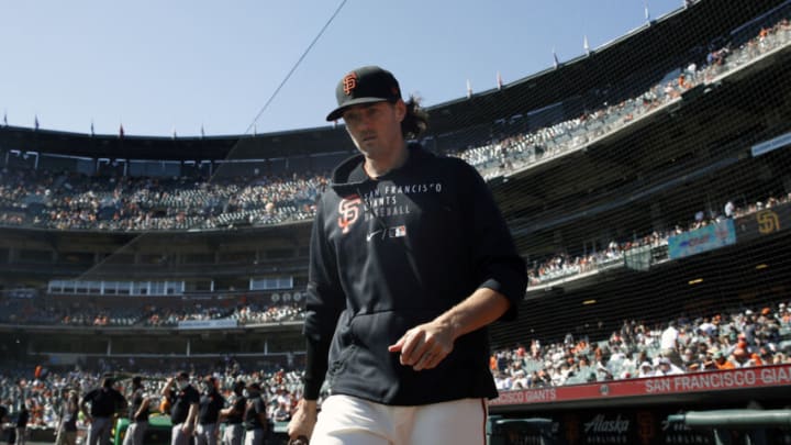 Oct 2, 2021; San Francisco, California, USA; San Francisco Giants starting pitcher Kevin Gausman (34) walks out of the dugout before the game against the San Diego Padres at Oracle Park. Mandatory Credit: Darren Yamashita-USA TODAY Sports