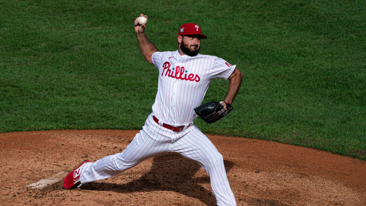Aug 29, 2020; Philadelphia, Pennsylvania, USA; Philadelphia Phillies relief pitcher Brandon Workman throws a pitch during the ninth inning against the Atlanta Braves at Citizens Bank Park. Mandatory Credit: Bill Streicher-USA TODAY Sports