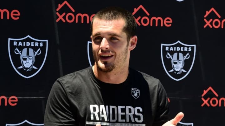 Jun 15, 2016; Alameda, CA, USA; Oakland Raiders quarterback Derek Carr at minicamp press conference at the Raiders practice facility. Mandatory Credit: Kirby Lee-USA TODAY Sports