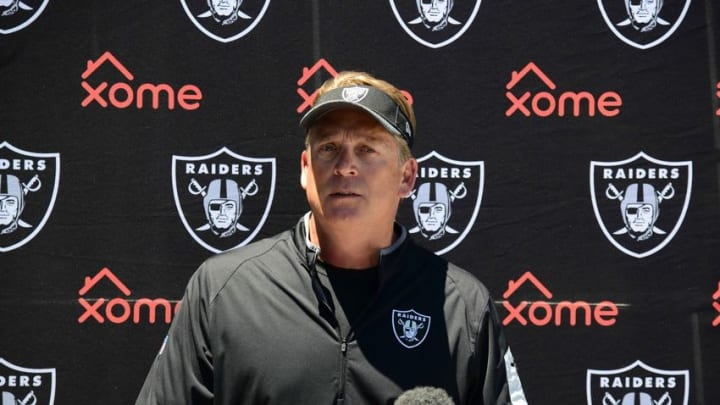 May 31, 2016; Alameda, CA, USA; Oakland Raiders coach Jack Del Rio reacts at press conference at organized team activities at the Raiders practice facility. Mandatory Credit: Kirby Lee-USA TODAY Sports