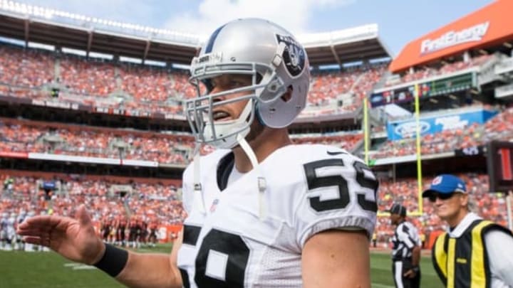 Sep 27, 2015; Cleveland, OH, USA; Oakland Raiders long snapper Jon Condo (59) during the third quarter against the Cleveland Browns at FirstEnergy Stadium. Mandatory Credit: Scott R. Galvin-USA TODAY Sports