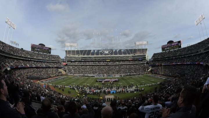 Nov 27, 2016; Oakland, CA, USA; General view of pregame activity before the Oakland Raiders play against the Carolina Panthers at Oakland-Alameda County Coliseum. Mandatory Credit: Kirby Lee-USA TODAY Sports