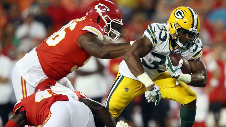 KANSAS CITY, MO – AUGUST 30: running back Aaron Jones #33 of the Green Bay Packers carries the ball during the preseason game against the Kansas City Chiefs at Arrowhead Stadium on August 30, 2018 in Kansas City, Missouri. (Photo by Jamie Squire/Getty Images)