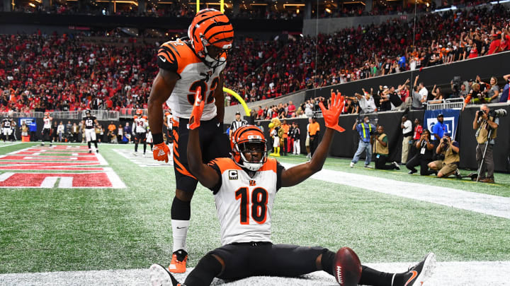 ATLANTA, GA – SEPTEMBER 30: A.J. Green #18 of the Cincinnati Bengals celebrates the game winning touchdown during the fourth quarter against the Cincinnati Bengals at Mercedes-Benz Stadium on September 30, 2018 in Atlanta, Georgia. (Photo by Scott Cunningham/Getty Images)