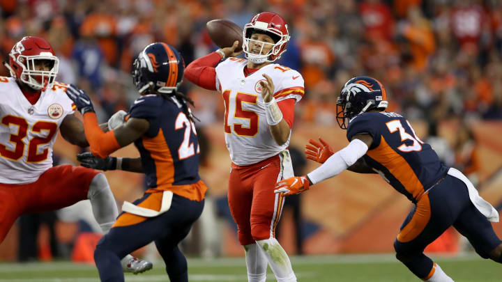 DENVER, CO – OCTOBER 01: Quarterback Patrick Mahomes #15 of the Kansas City Chiefs throws against the Denver Broncos at Broncos Stadium at Mile High on October 1, 2018 in Denver, Colorado. (Photo by Matthew Stockman/Getty Images)