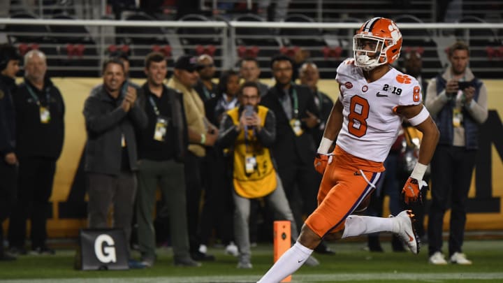 SANTA CLARA, CA – JANUARY 07: A.J. Terrell #8 of the Clemson Tigers runs back an interception for a first quarter touchdown against the Alabama Crimson Tide in the CFP National Championship presented by AT&T at Levi’s Stadium on January 7, 2019 in Santa Clara, California. (Photo by Thearon W. Henderson/Getty Images)