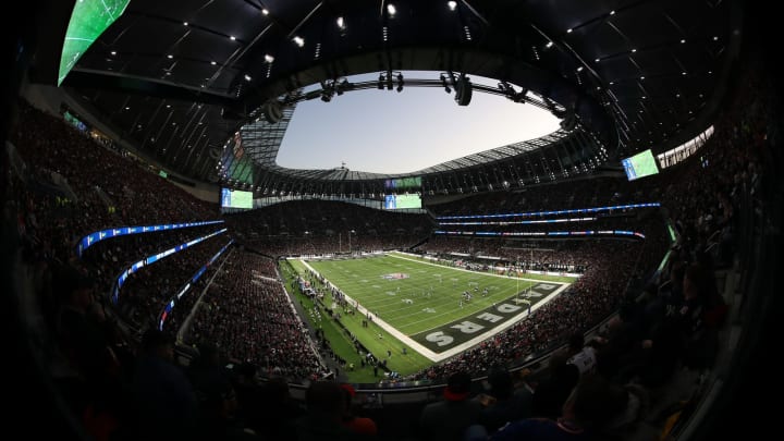 LONDON, ENGLAND – OCTOBER 06: General view of Tottenham Hotspur Stadium with the NFL game happening during the game between Chicago Bears and Oakland Raiders at Tottenham Hotspur Stadium on October 06, 2019 in London, England. (Photo by Christopher Lee/Getty Images)