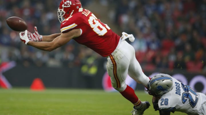 LONDON, ENGLAND - NOVEMBER 01: Travis Kelce #87 of Kansas City Chiefs drops a pass as he is tackled by Quandre Diggs during the NFL game between Kansas City Chiefs and Detroit Lions at Wembley Stadium on November 01, 2015 in London, England. (Photo by Alan Crowhurst/Getty Images)