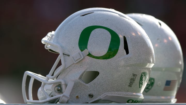 SALT LAKE CITY, UT – NOVEMBER 19: Isolated view of Oregon Ducks helmets on the sideline during the Ducks game against the Utah Utes at Rice-Eccles Stadium on November 19, 2016 in Salt Lake City, Utah. (Photo by Gene Sweeney Jr/Getty Images)