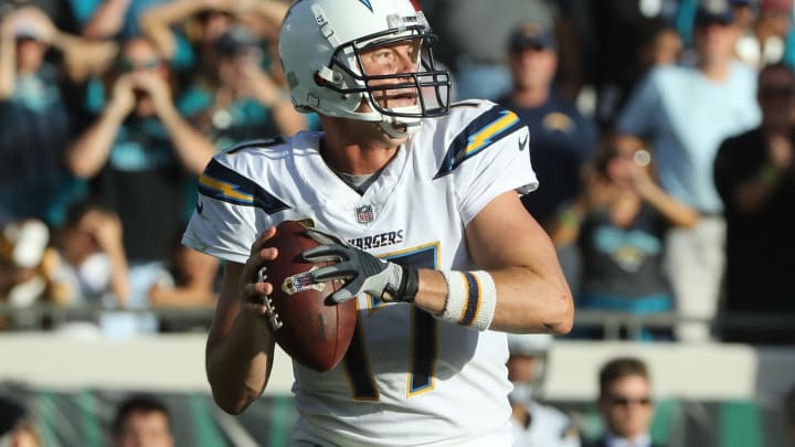 JACKSONVILLE, FL – NOVEMBER 12: Philip Rivers #17 of the Los Angeles Chargers looks to throw a pass in the second half of their game against the Jacksonville Jaguars at EverBank Field on November 12, 2017 in Jacksonville, Florida. (Photo by Sam Greenwood/Getty Images)