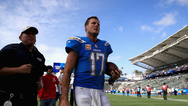 CARSON, CA – OCTOBER 07: Philip Rivers #17 of the Los Angeles Chargers walks off the field after defeating the Oakland Raiders 26-10 in a game at StubHub Center on October 7, 2018 in Carson, California. (Photo by Sean M. Haffey/Getty Images)